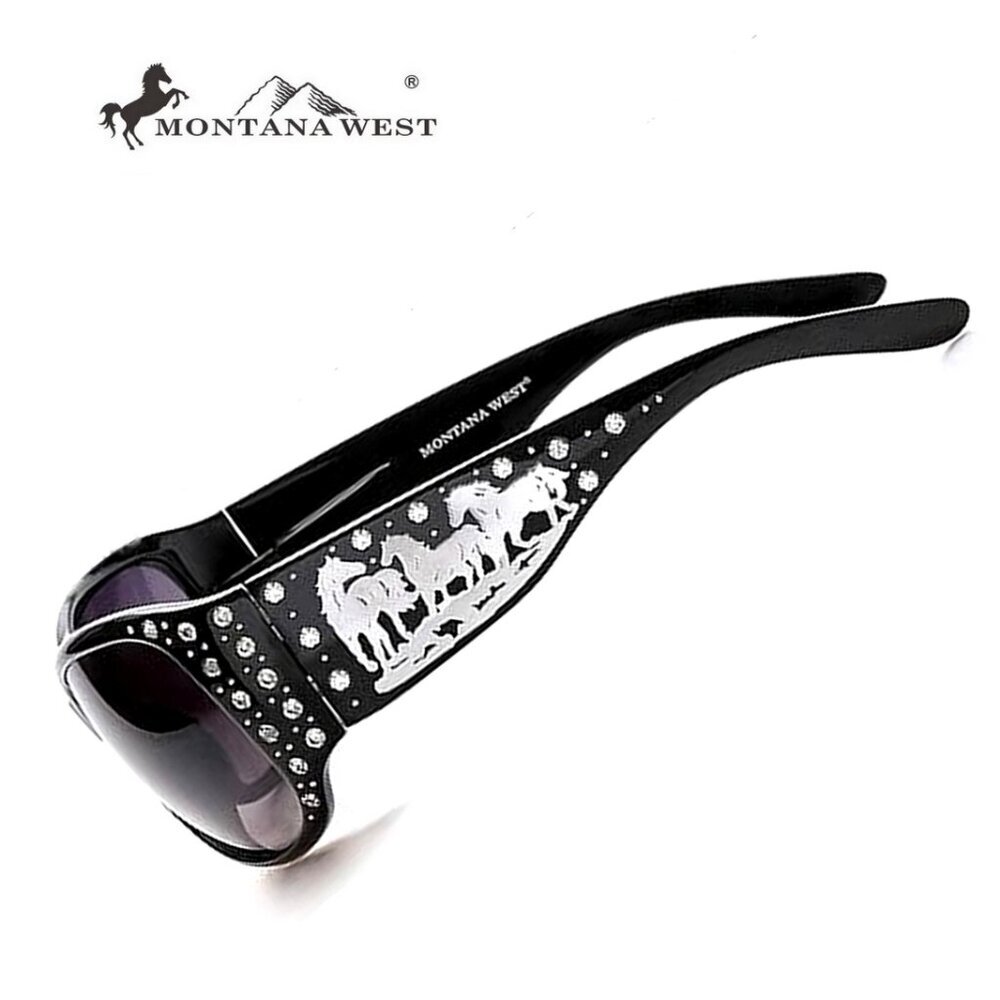 Silver Dashing Horses Sunglasses in Black w/Rhinestone Accents